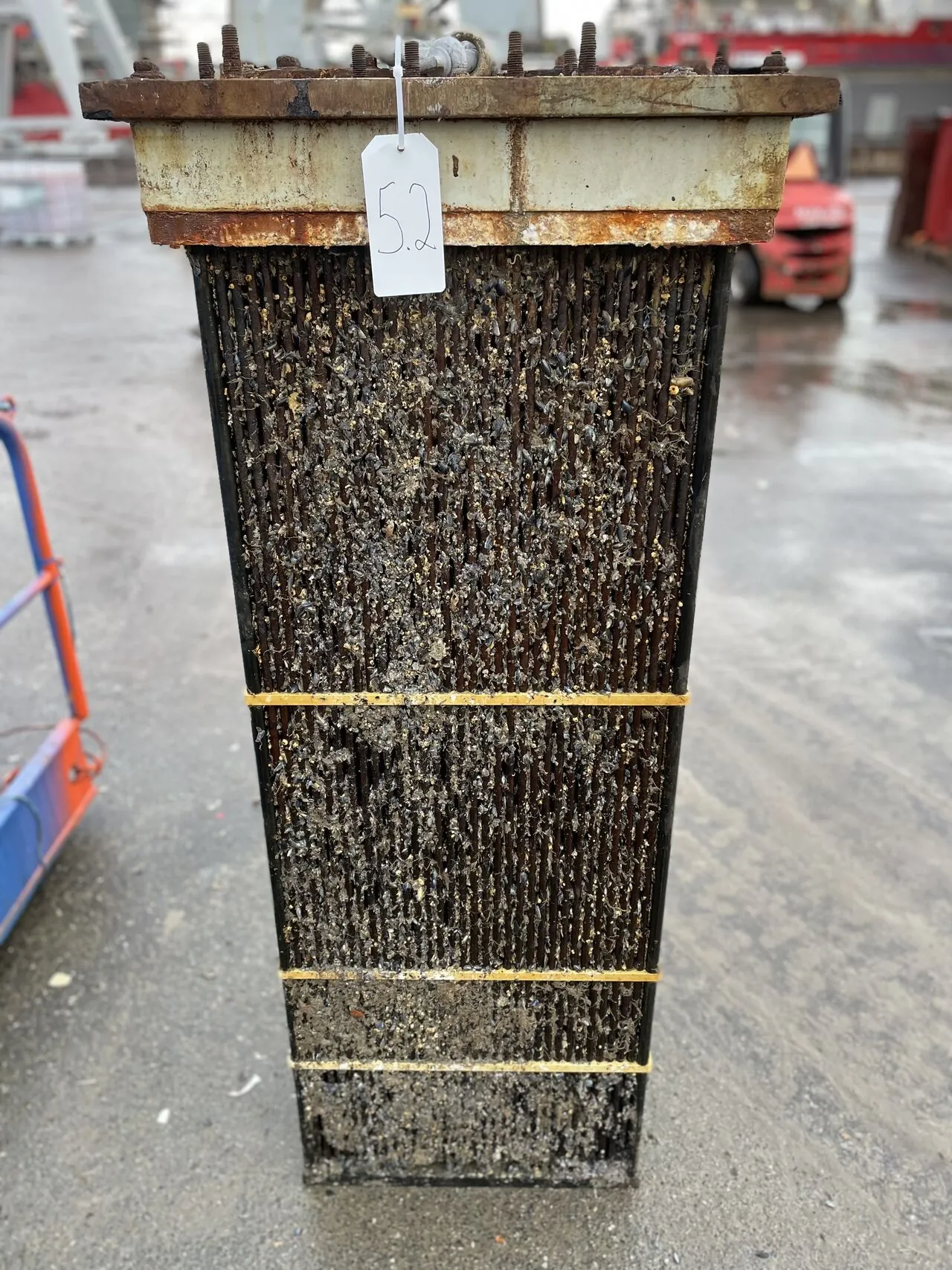 Box cooler covered in marine growth during inspection